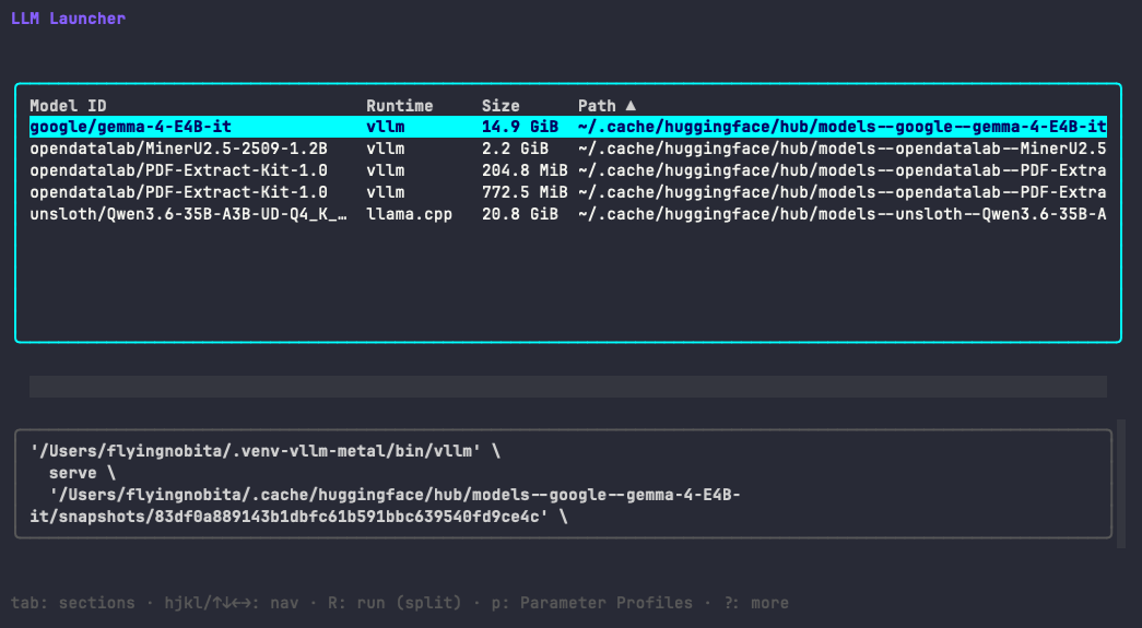 llml terminal UI showing model scan, runtime selection, and profile launch workflow